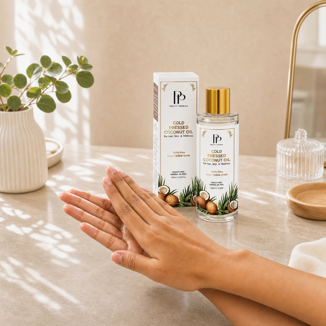 Warm a small amount of Cold-Pressed Coconut Oil between the palms