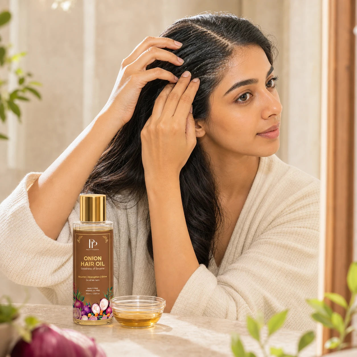 Use Onion Hair Oil as the pre-wash Hair Repair Ritual step