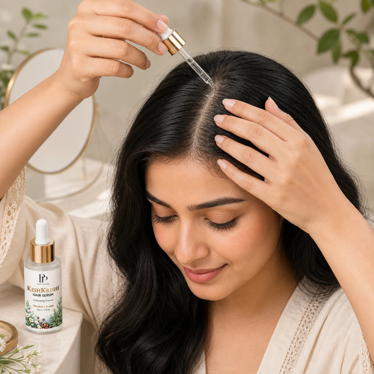 Apply Kesh Krishi Hair Serum to clean scalp roots