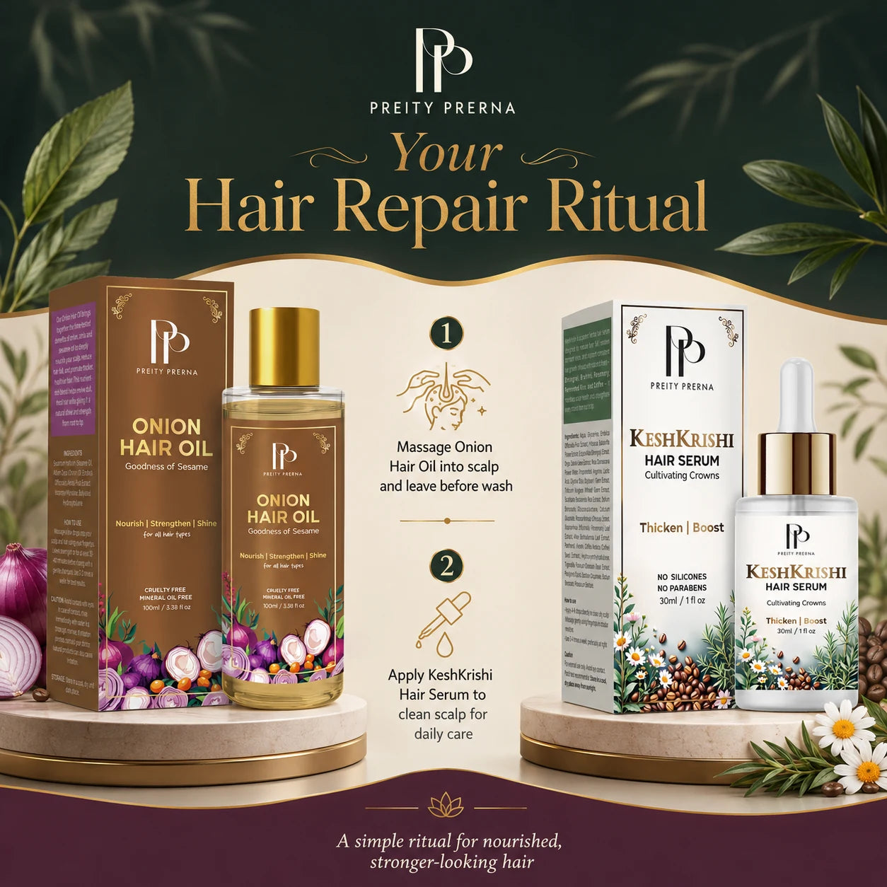 Daily Hair Repair Ritual steps with Onion Hair Oil and Kesh Krishi Hair Serum