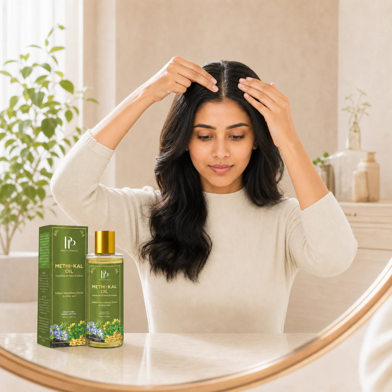 Apply Methi-Kal Oil evenly to parted scalp and roots