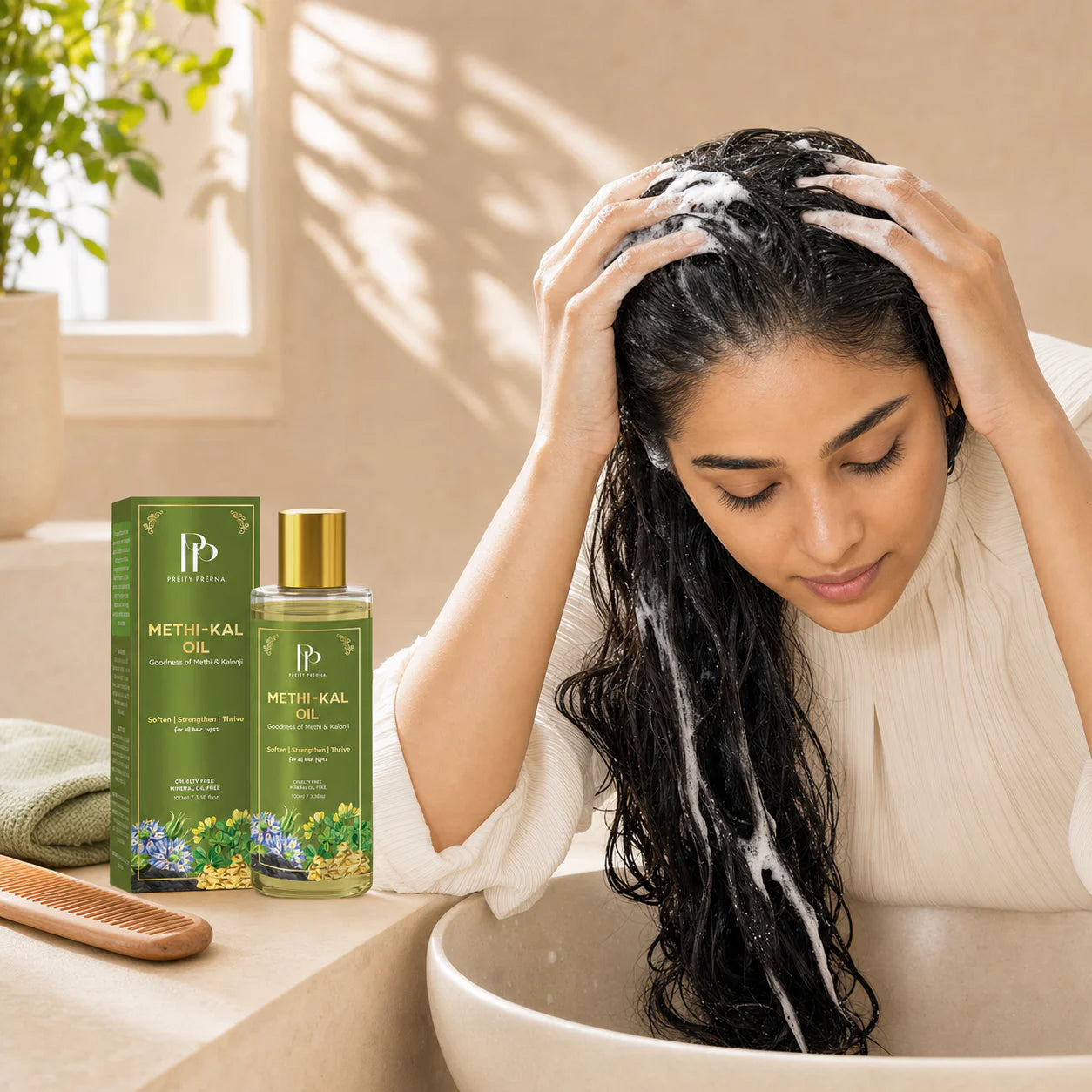 Shampoo hair thoroughly after the Methi-Kal Oil pre-wash ritual