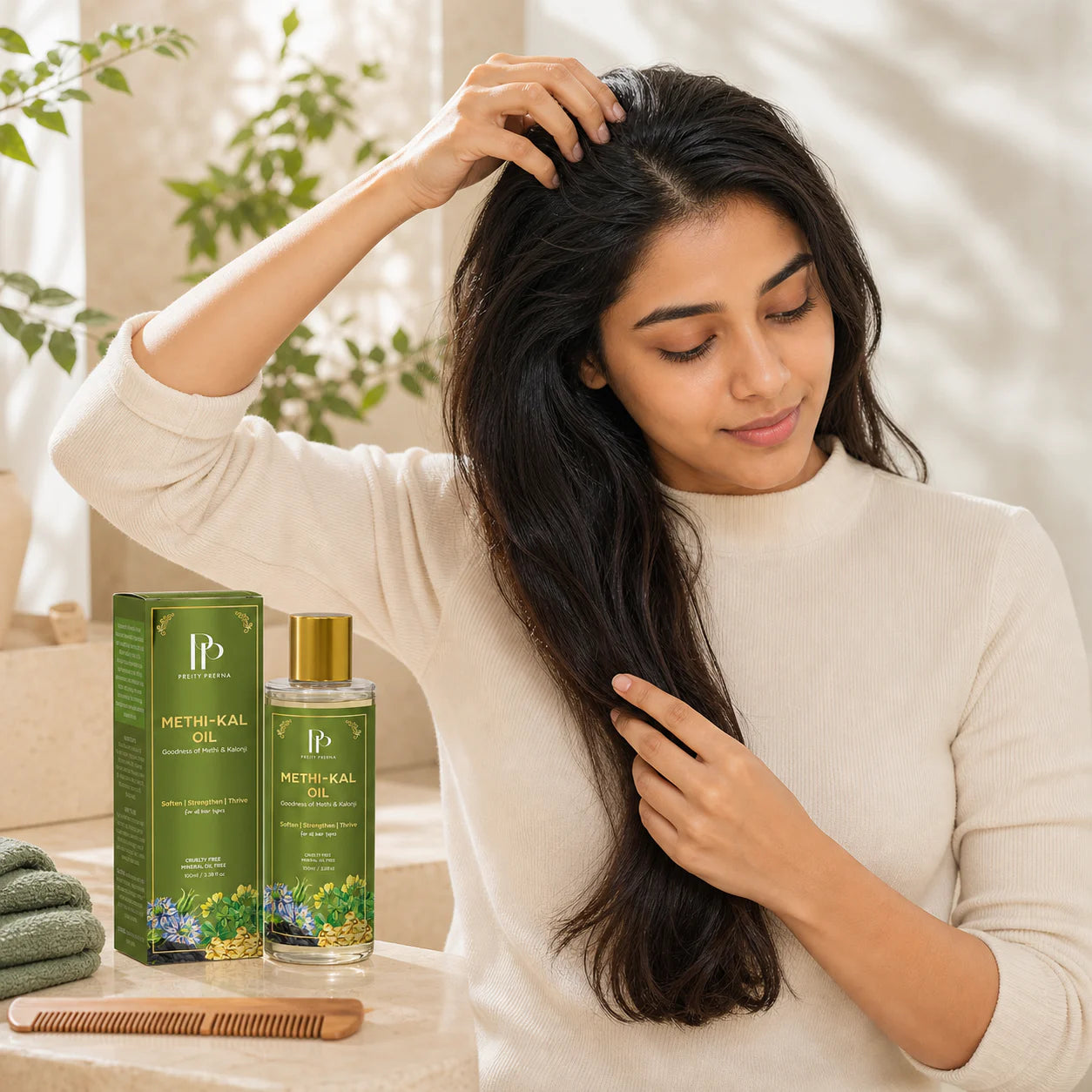 Massage Methi-Kal Oil gently through scalp and lengths