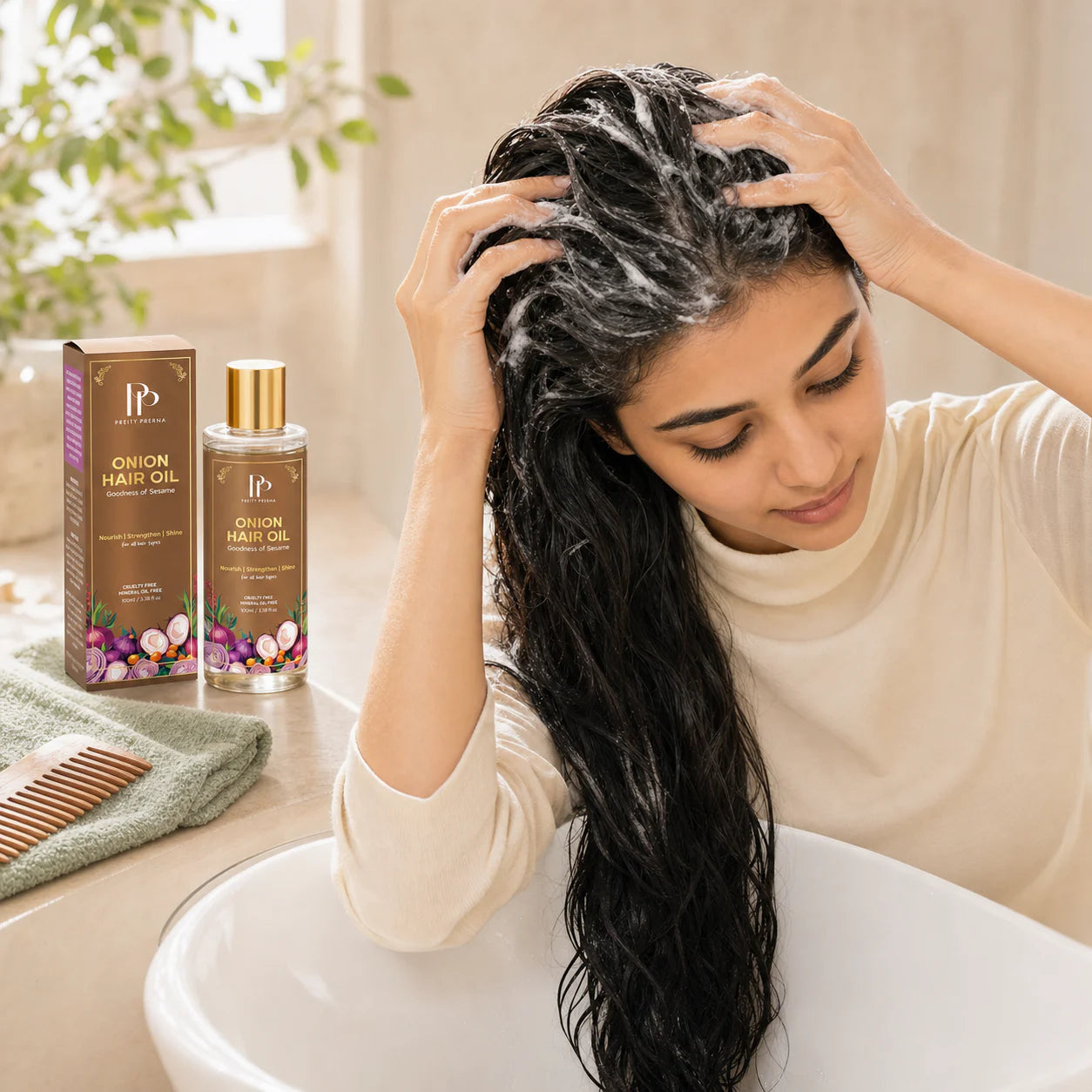 Shampoo hair thoroughly after the Onion Hair Oil pre-wash ritual