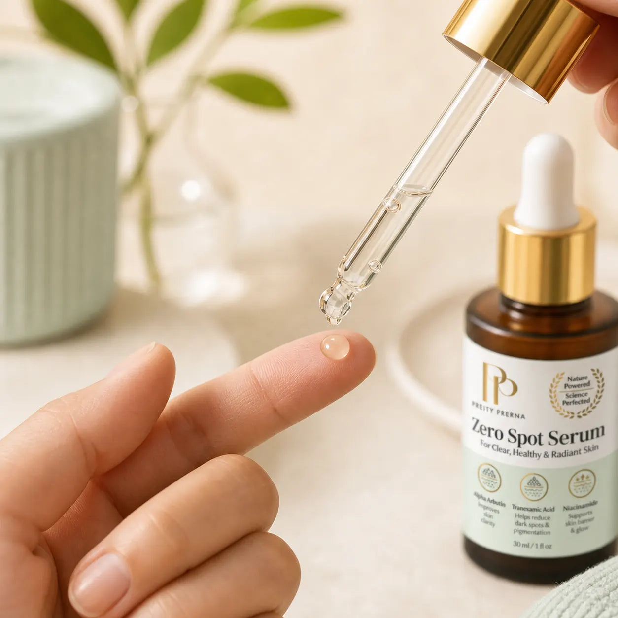 Apply a small serum drop to fingertips