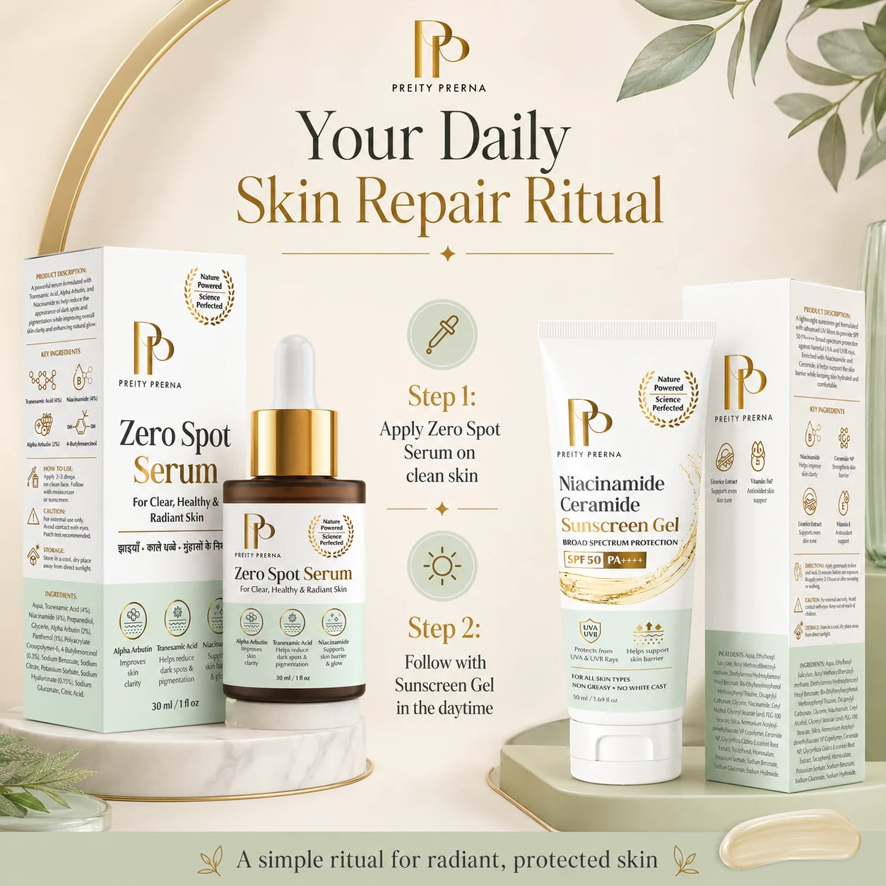 Daily Skin Repair Ritual steps with serum and sunscreen