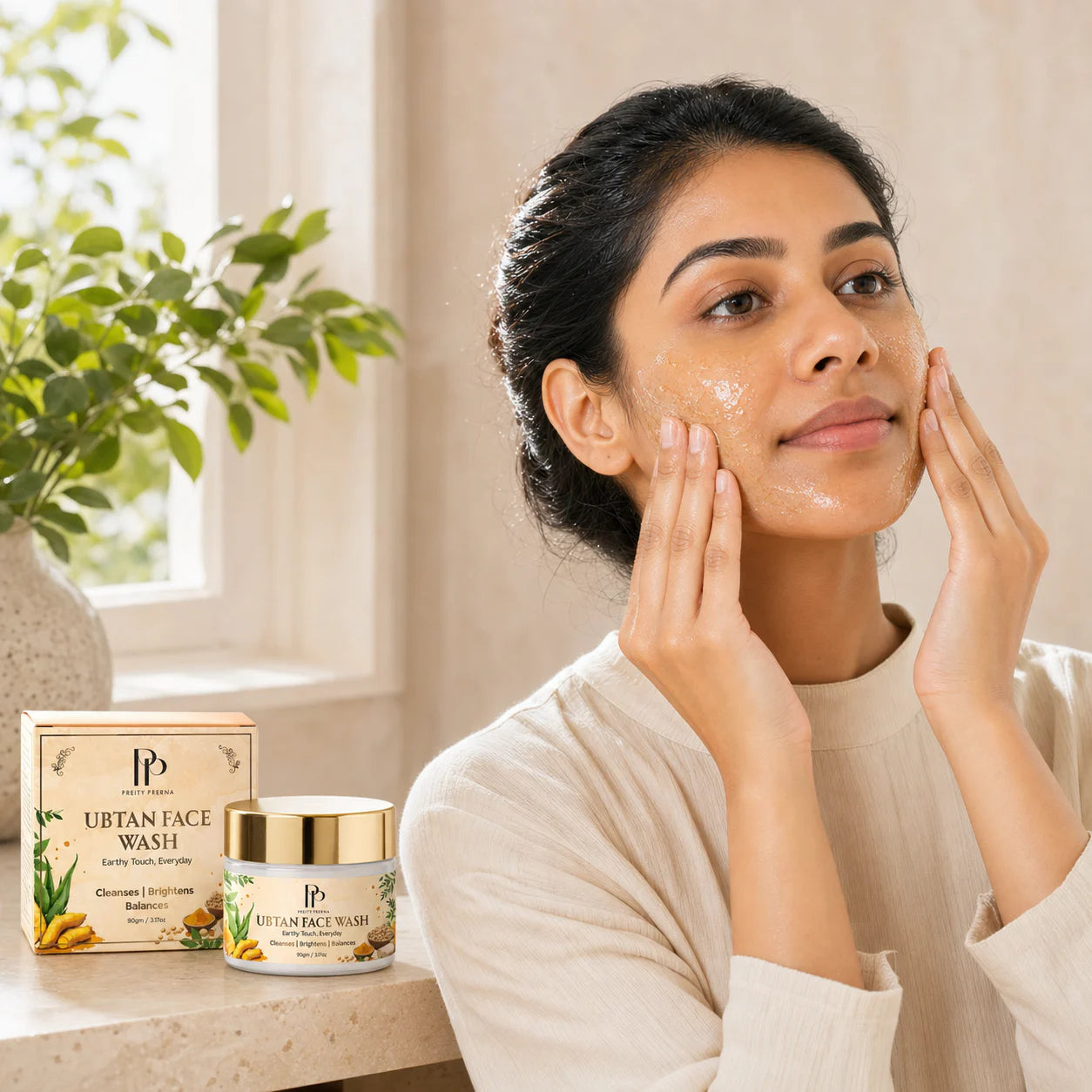 Massage freshly mixed Ubtan Face Wash gently over damp skin