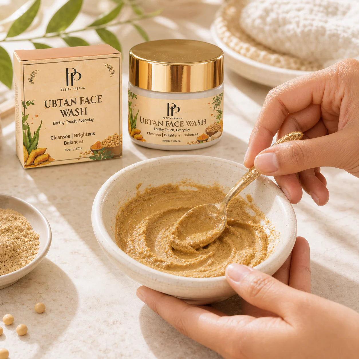 Mix Ubtan Face Wash powder with water into a fresh paste
