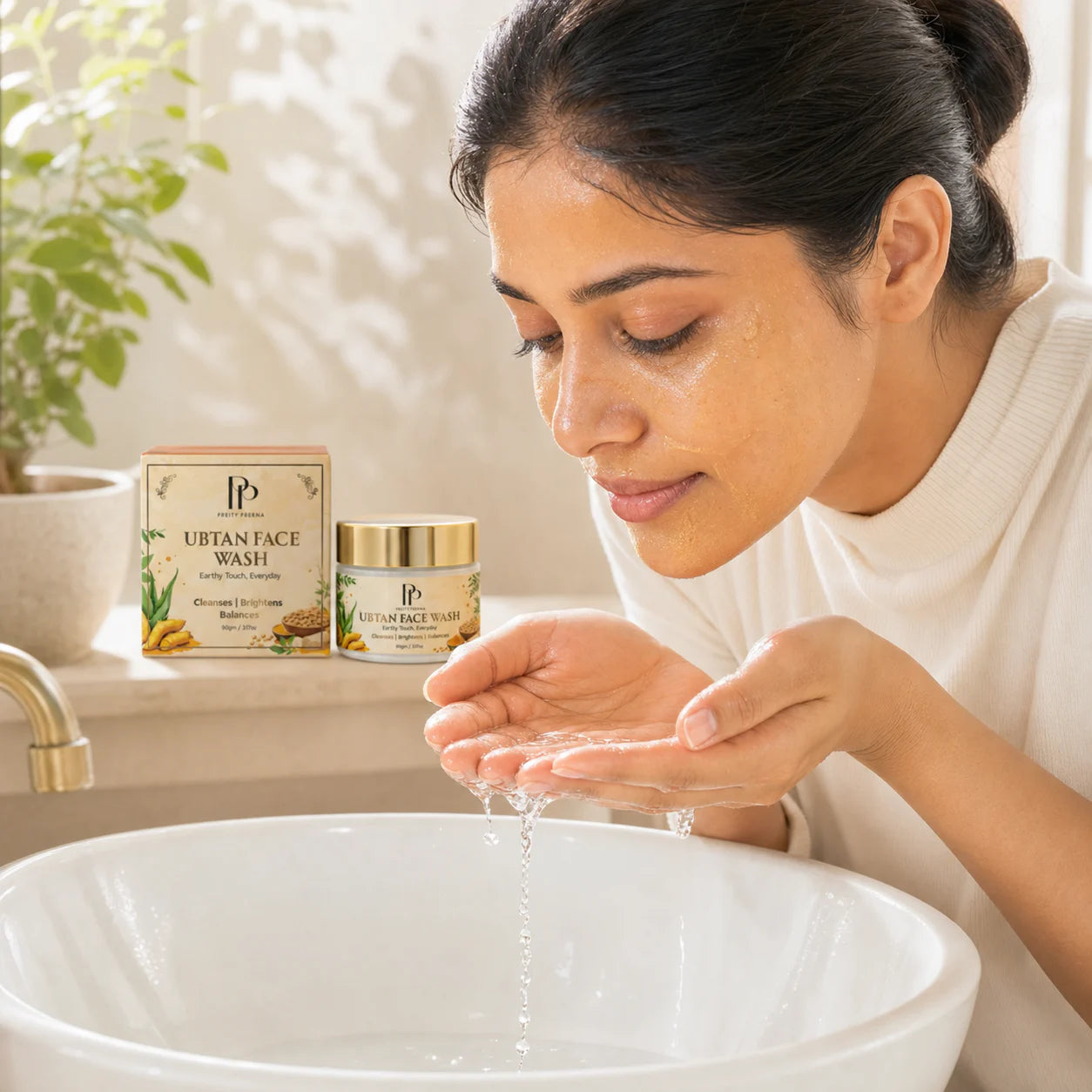 Rinse Ubtan Face Wash thoroughly after cleansing or a short mask