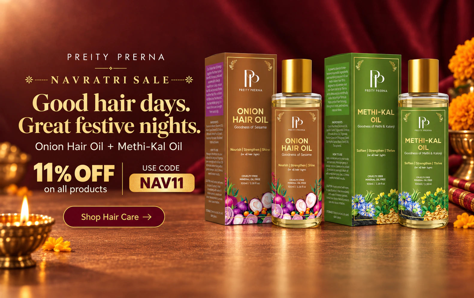 Onion Hair Oil and Methi-Kal Oil for Navratri. 11% off all products with code NAV11.