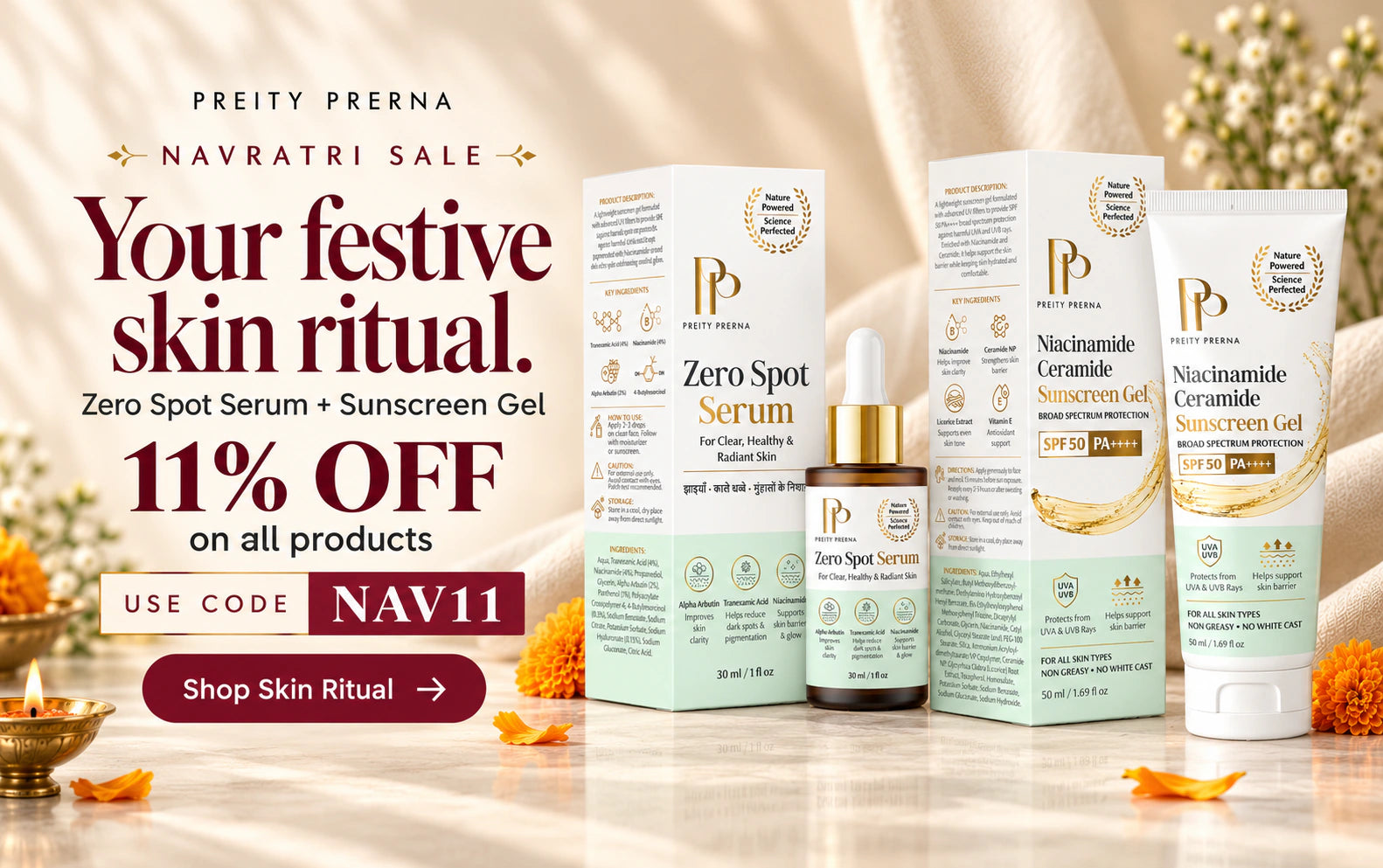 Skin Repair Ritual with Zero Spot Serum and Sunscreen Gel. 11% off all products with code NAV11.